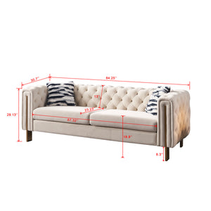 English Elm Chesterfield Tufted Velvet Sofa with Gold Legs, Modern 3-Seater Couch for Living Room, Cream W57964660