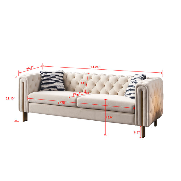 English Elm Chesterfield Tufted Velvet Sofa with Gold Legs, Modern 3-Seater Couch for Living Room, Cream W57964660