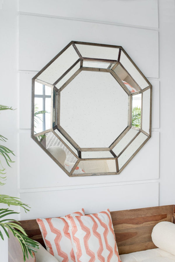 English Elm 40" Octagon Wall Mirror Distressed Silver Mdf Frame Mid-century Modern Living Room W2078124350