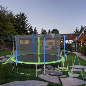 English Elm 14ft Backyard Trampoline Galvanized Steel Frame with Slide Swing Basketball Hoop W285S00023