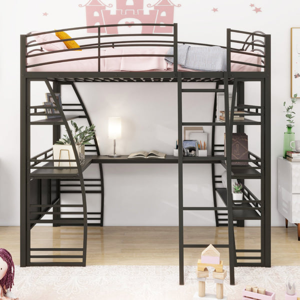 English Elm Full Loft Bed with L-Shaped Desk, 4-Tier Shelving, Metal Guardrails, USB Ports, Wireless Charging, Modern Dorm Room Solution Black SF000021AAB