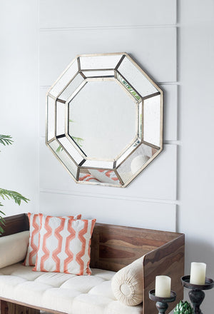 English Elm 40" Octagon Wall Mirror Distressed Silver Mdf Frame Mid-century Modern Living Room W2078124350