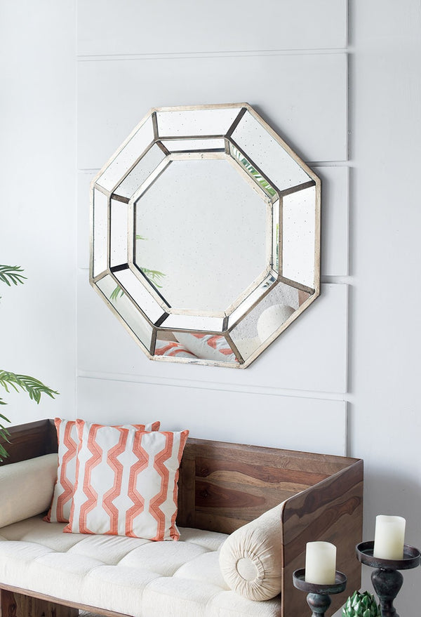 English Elm 40" Octagon Wall Mirror Distressed Silver Mdf Frame Mid-century Modern Living Room W2078124350