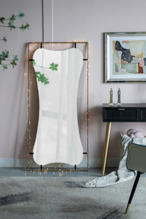 English Elm 28x1.5x60" Asymmetric Leaning Floor Mirror Soft Gold Iron Frame Glam Bedroom Entryway W2078124326