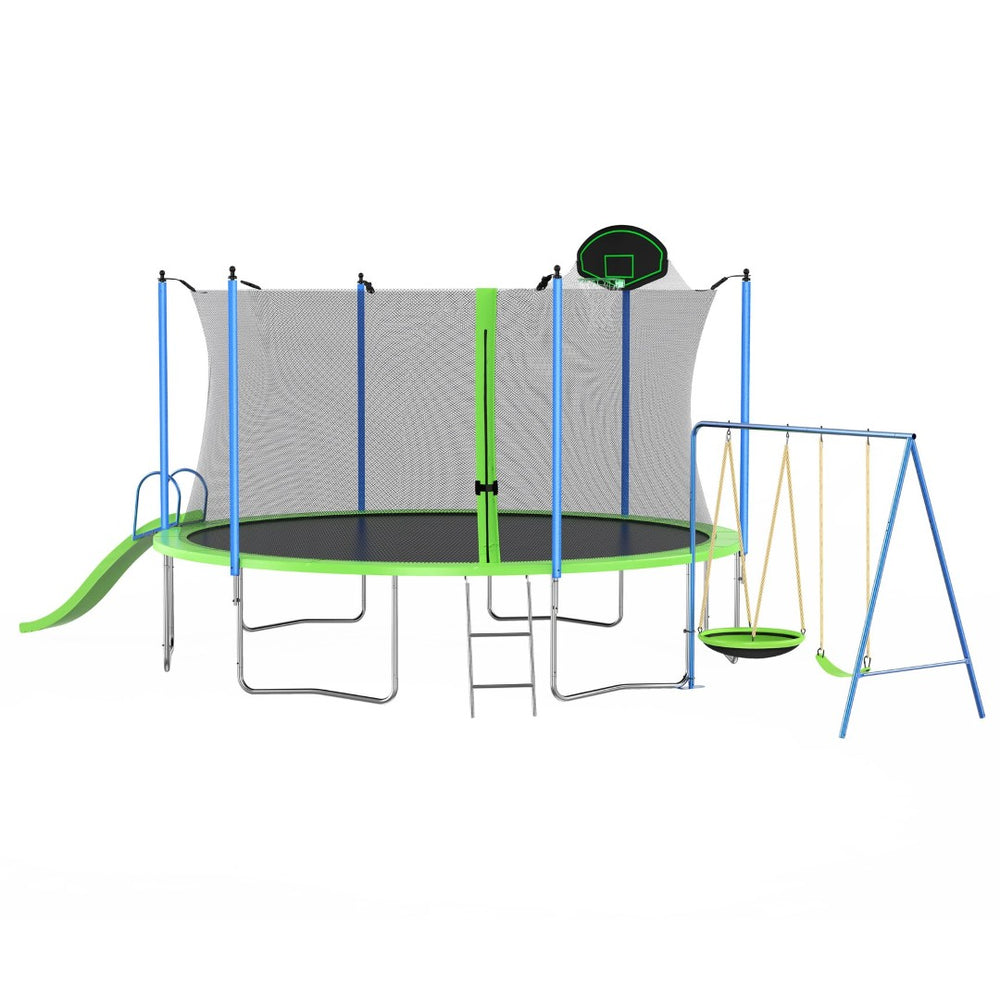 English Elm 12ft Backyard Trampoline with Slide Swings Basketball Hoop and Safety Enclosure Net W285S00022