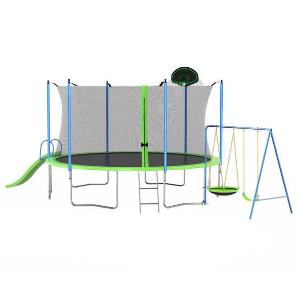 English Elm 12ft Backyard Trampoline with Slide Swings Basketball Hoop and Safety Enclosure Net W285S00022