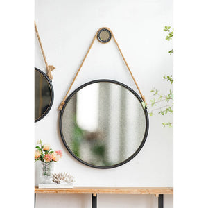 English Elm 29.5" Round Wall Mirror Black Iron Frame Rope Strap Industrial Minimalist Bathroom Decor W2078124368