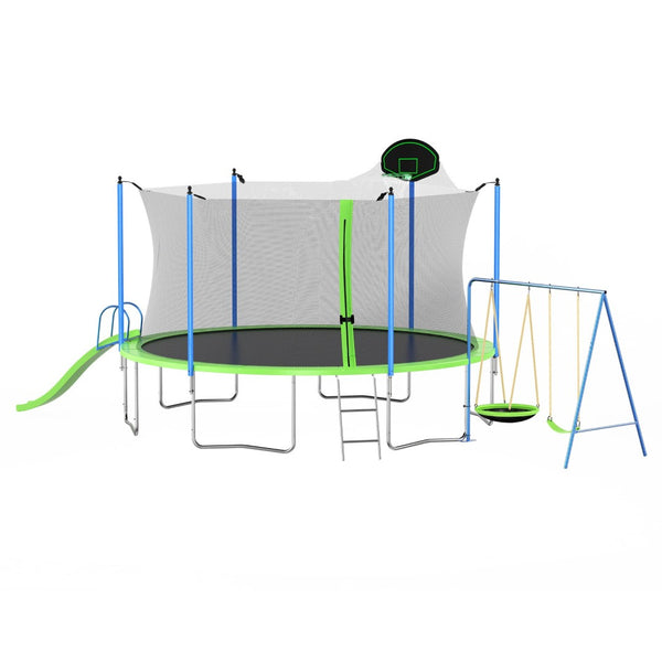 English Elm 14ft Backyard Trampoline Galvanized Steel Frame with Slide Swing Basketball Hoop W285S00020