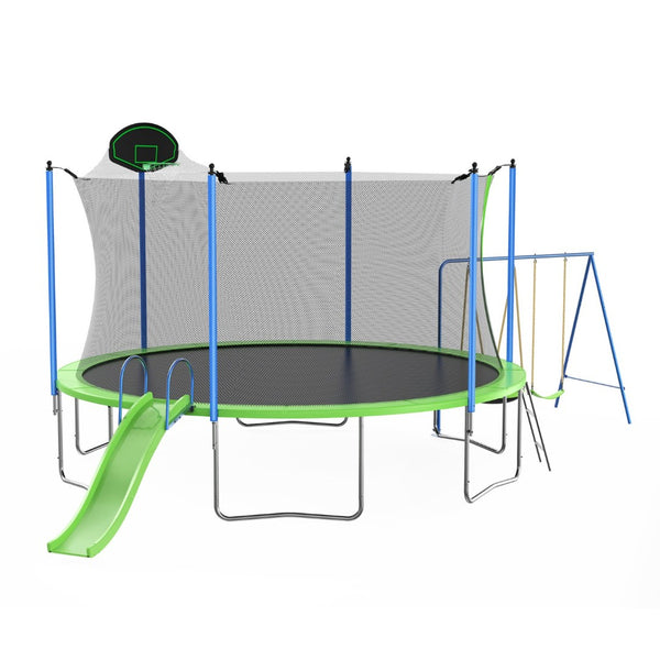 English Elm 12ft Backyard Trampoline with Slide Swings Basketball Hoop and Safety Enclosure Net W285S00022