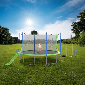 English Elm 12ft Backyard Trampoline with Slide Swings Basketball Hoop and Safety Enclosure Net W285S00022