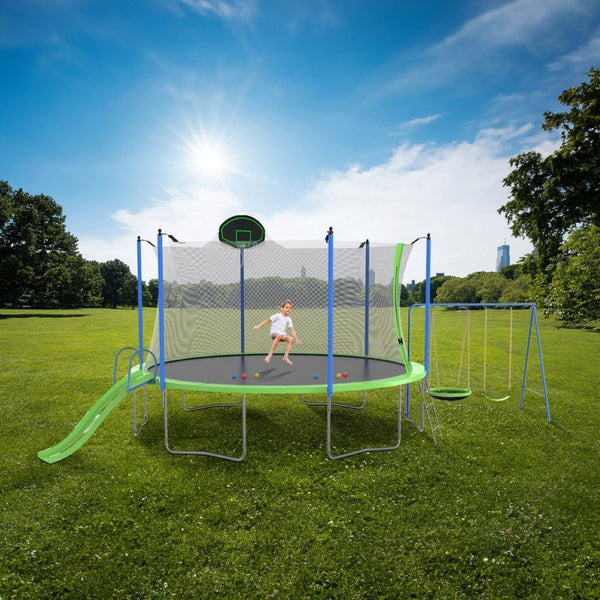 English Elm 12ft Backyard Trampoline with Slide Swings Basketball Hoop and Safety Enclosure Net W285S00019