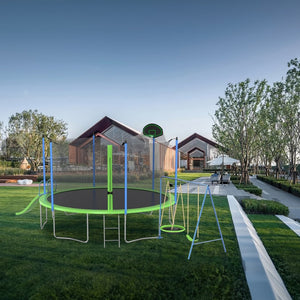 English Elm 12ft Backyard Trampoline with Slide Swings Basketball Hoop and Safety Enclosure Net W285S00019