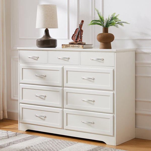 English Elm Bedroom 9-Drawer Long Dresser with Antique Handles - Spacious Wood Chest for Hallway, Kids Room, Entryway White W1162141855