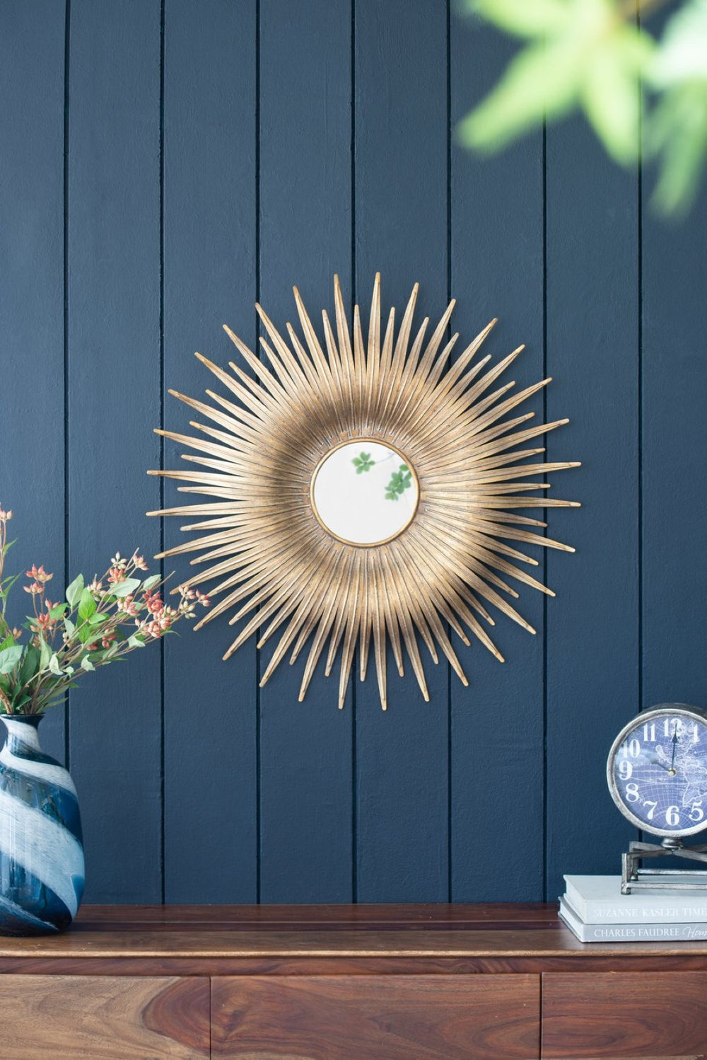 English Elm 28.3" Sunburst Wall Mirror Gold Iron Rays Mid-century Glam Accent for Any Room W2078124328