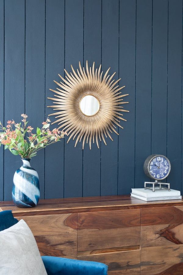 English Elm 28.3" Sunburst Wall Mirror Gold Iron Rays Mid-century Glam Accent for Any Room W2078124328