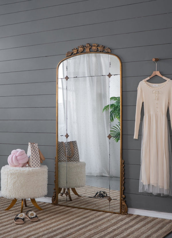 English Elm 76" Arched Full Length Floor Mirror Antique Gold Iron Frame Freestanding Bedroom Accent W2078124335