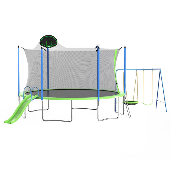 English Elm 14ft Backyard Trampoline Galvanized Steel Frame with Slide Swing Basketball Hoop W285S00020