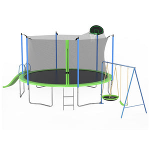 English Elm 12ft Backyard Trampoline with Slide Swings Basketball Hoop and Safety Enclosure Net W285S00022