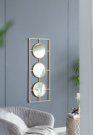 English Elm 3 Convex Triptych Wall Mirrors Gold Iron Frame Art Deco Accent for Living Room W2078124320