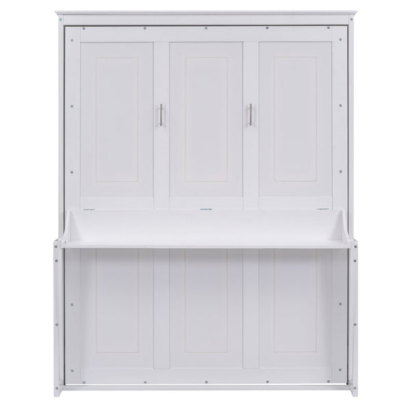 English Elm Queen Murphy Bed with Shelf — Space-Saving Wall Bed, Pine/MDF Construction, 600lb Capacity, Desk Surface White GX000350AAK