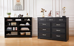 English Elm Bedroom 9-Drawer Long Dresser with Antique Handles - Spacious Wood Chest for Hallway, Kids Room, Entryway Black W1162141860