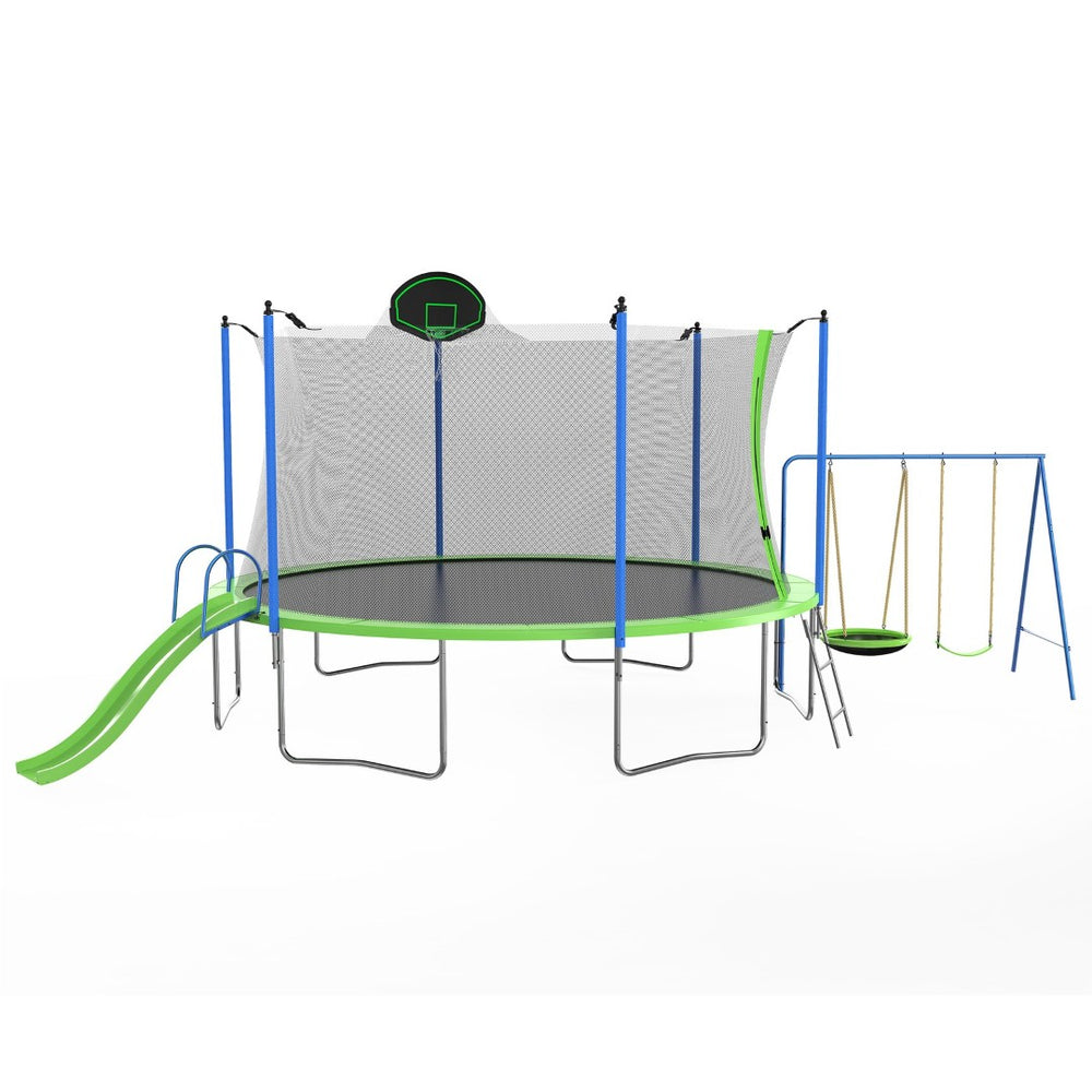 English Elm 14ft Backyard Trampoline Galvanized Steel Frame with Slide Swing Basketball Hoop W285S00023