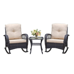 English Elm 3 Piece Outdoor Wicker Rocking Bistro Set with Glass Top Table for Patio Porch W1889111346