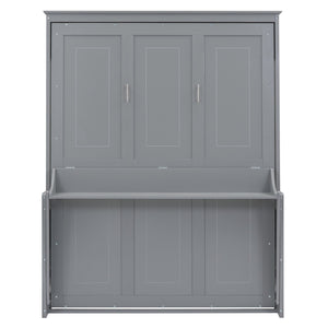 English Elm Queen Murphy Bed with Shelf — Space-Saving Wall Bed, Pine/MDF Construction, 600lb Capacity, Desk Surface Gray GX000350AAE