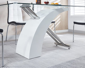 English Elm Stylish Glass Top Dining Table with Chrome Accents and Lacquer Base Seats Six W1311S00012