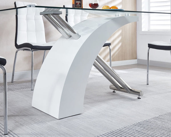 English Elm Stylish Glass Top Dining Table with Chrome Accents and Lacquer Base Seats Six W1311S00012