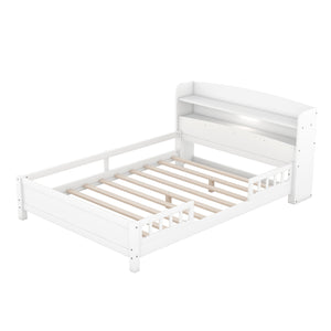 English Elm Wood Full Size Platform Bed with LED Headboard Light, Built-In Storage and Guardrails, Sturdy Pine Frame White GX001023AAK
