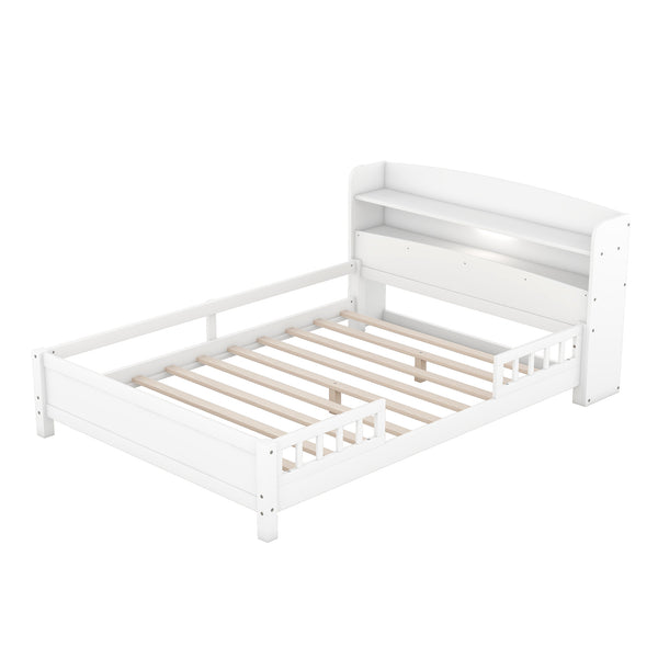 English Elm Wood Full Size Platform Bed with LED Headboard Light, Built-In Storage and Guardrails, Sturdy Pine Frame White GX001023AAK