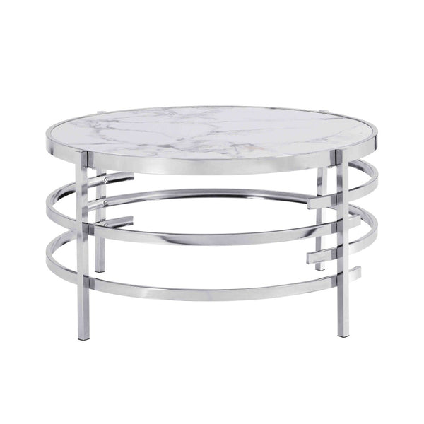 English Elm 32.48'' Round Sintered Stone Coffee Table with Polished Chrome Base for Living Room W821115001