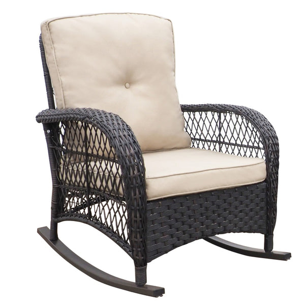 English Elm 3 Piece Outdoor Wicker Rocking Bistro Set with Glass Top Table for Patio Porch W1889111346