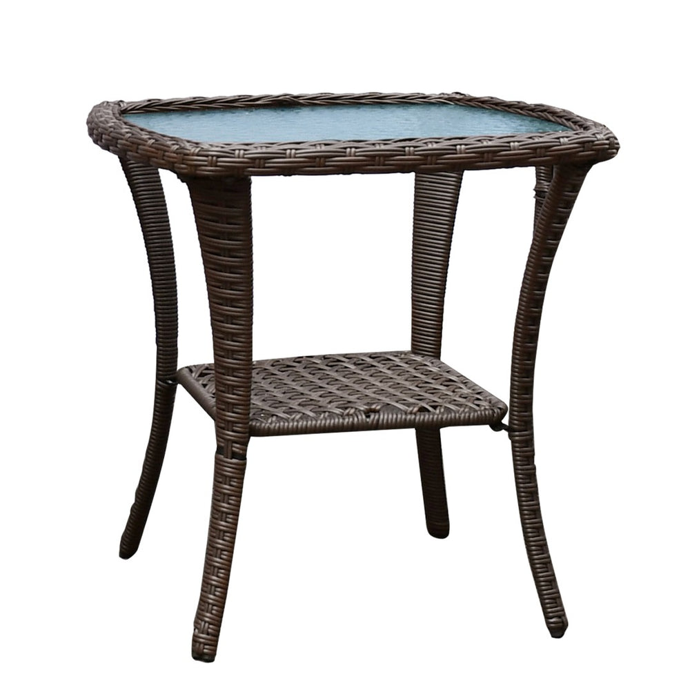 English Elm Outdoor Bistro Set with Pe Wicker Swivel Rockers and Tempered Glass Coffee Table W1889S00002