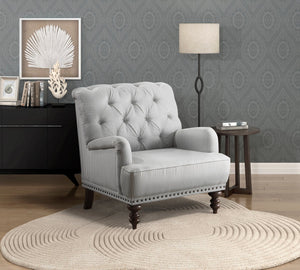 English Elm Luxurious Holland Park Button Tufted Velvet Accent Chair with Turned Legs and Nailhead Trim, Elegant Gray 34 L x 36.25 W x 31.75 H B011126021