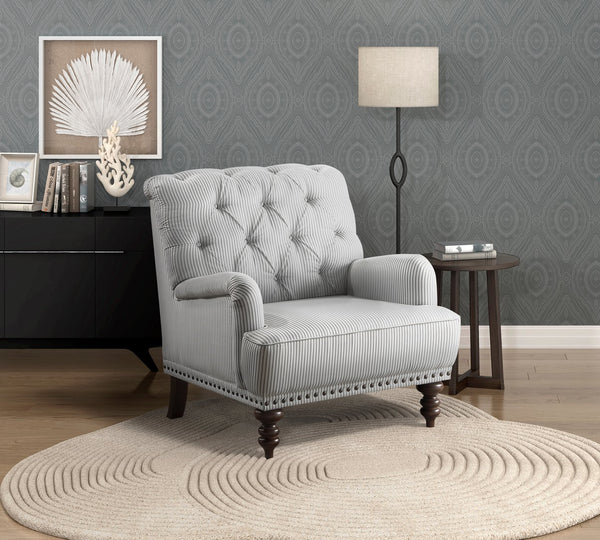 English Elm Luxurious Holland Park Button Tufted Velvet Accent Chair with Turned Legs and Nailhead Trim, Elegant Gray 34 L x 36.25 W x 31.75 H B011126021