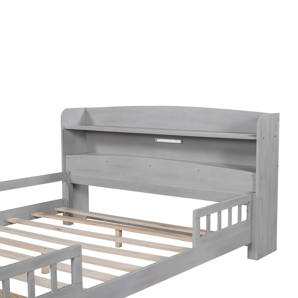 English Elm Wood Full Size Platform Bed with LED Headboard Light, Built-In Storage and Guardrails, Sturdy Pine Frame Antique Gray GX001023AAE
