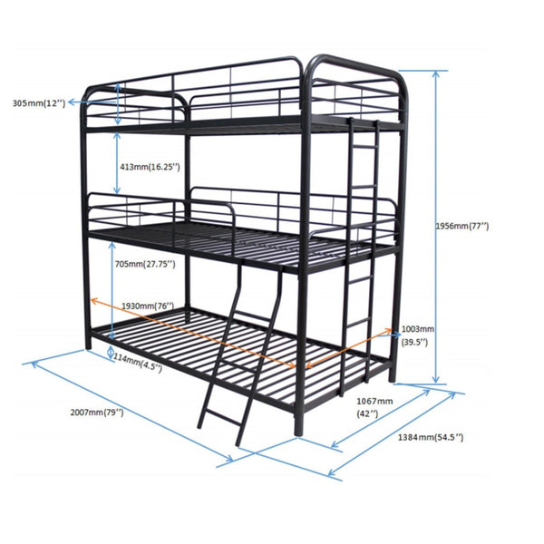 English Elm Furniture Steel Triple Bunk Bed with Staircase Three Twin Tiers for Kids Rooms W311S00036
