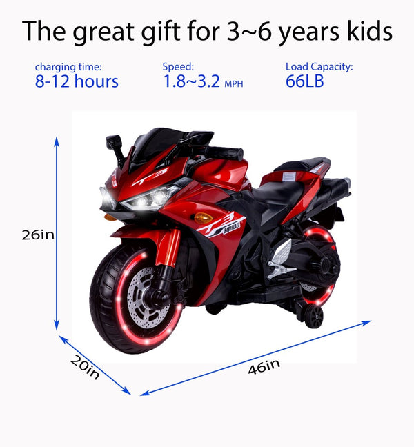 English Elm Kids 12v Ride on Motorcycle with Light up Wheels Training Stabilizers and Bluetooth W1760110296