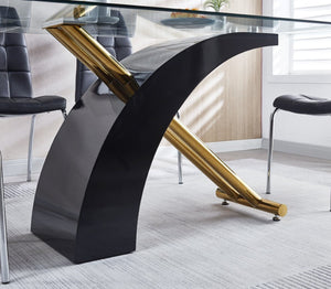 English Elm Stylish Glass Top Dining Table with Chrome Accents and Lacquer Base Seats Six W1311S00011