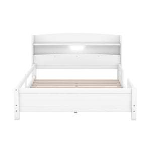 English Elm Wood Full Size Platform Bed with LED Headboard Light, Built-In Storage and Guardrails, Sturdy Pine Frame White GX001023AAK