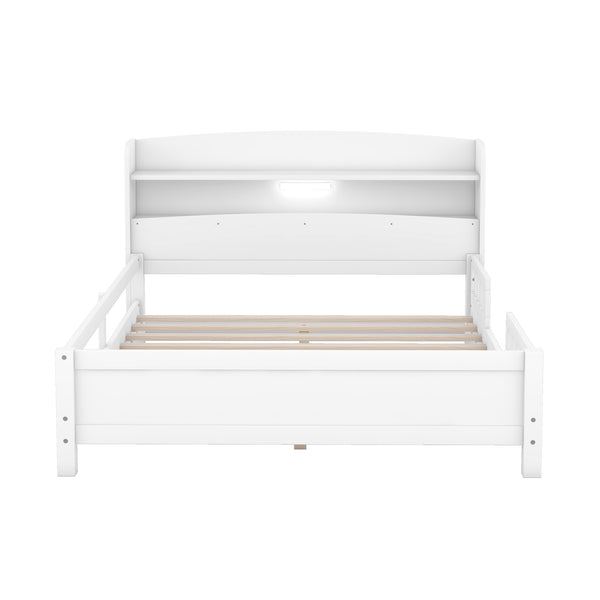 English Elm Wood Full Size Platform Bed with LED Headboard Light, Built-In Storage and Guardrails, Sturdy Pine Frame White GX001023AAK