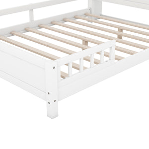 English Elm Wood Full Size Platform Bed with LED Headboard Light, Built-In Storage and Guardrails, Sturdy Pine Frame White GX001023AAK