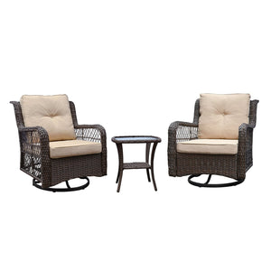 English Elm Outdoor Bistro Set with Pe Wicker Swivel Rockers and Tempered Glass Coffee Table W1889S00002