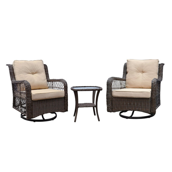 English Elm Outdoor Bistro Set with Pe Wicker Swivel Rockers and Tempered Glass Coffee Table W1889S00002