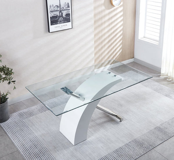 English Elm Stylish Glass Top Dining Table with Chrome Accents and Lacquer Base Seats Six W1311S00012