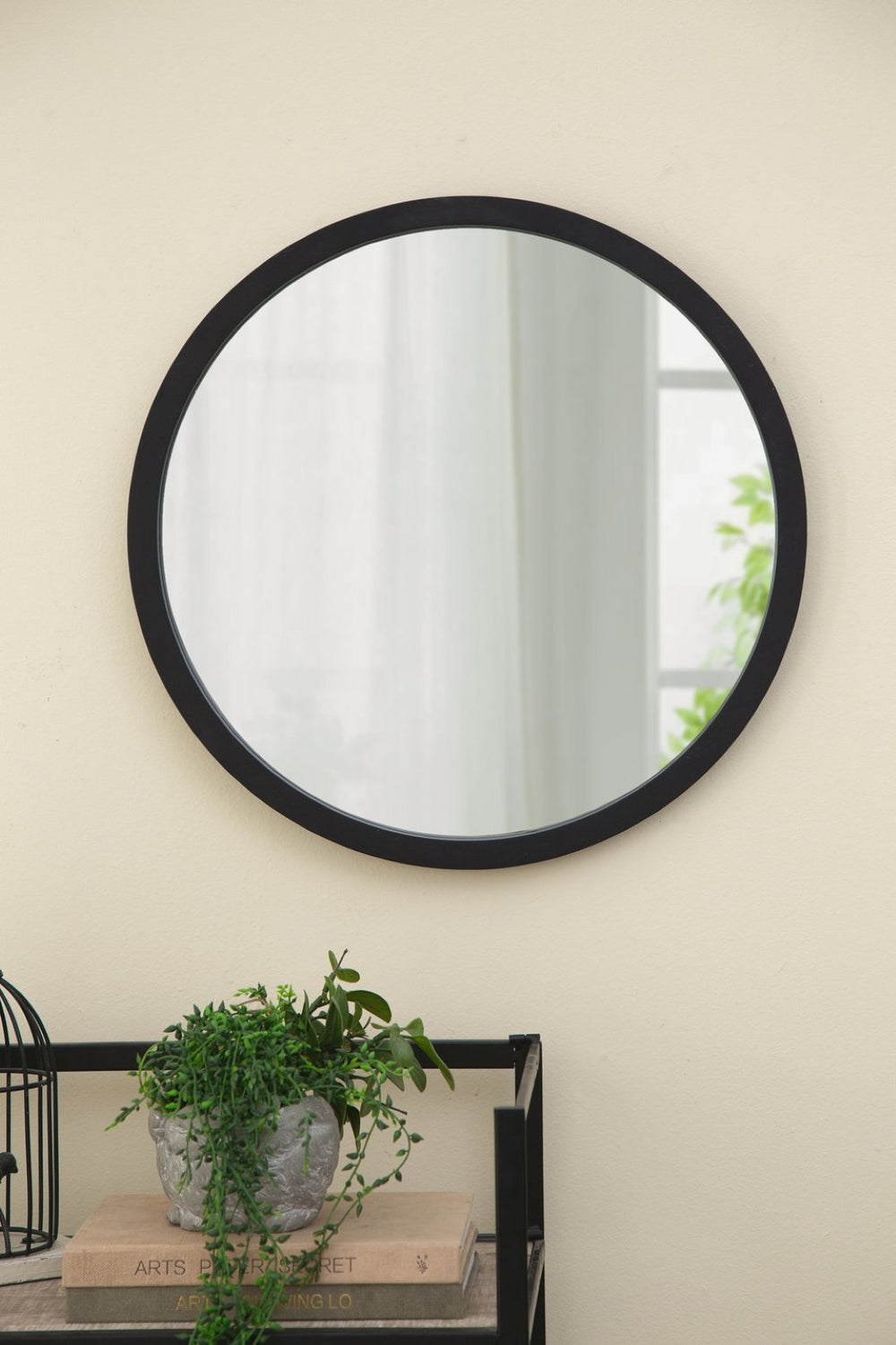 English Elm 19.5" Round Iron Wall Mirror with Rope Strap Hanger for Bathroom or Entryway Black W2078124341