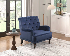 English Elm Luxurious Holland Park Button Tufted Velvet Accent Chair with Turned Legs and Nailhead Trim, Elegant Blue 34 L x 36.25 W x 31.75 H B011126019