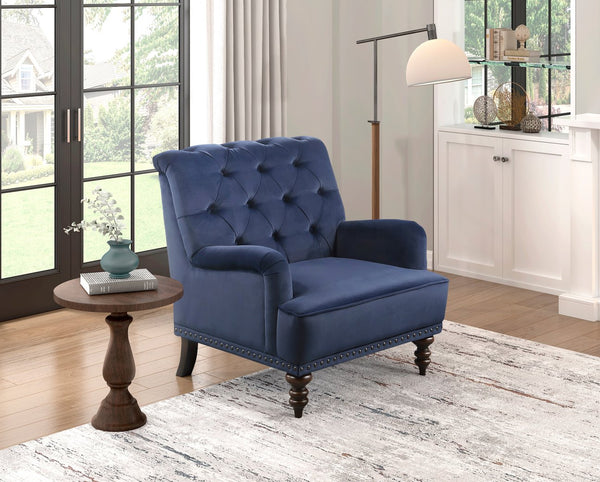English Elm Luxurious Holland Park Button Tufted Velvet Accent Chair with Turned Legs and Nailhead Trim, Elegant Blue 34 L x 36.25 W x 31.75 H B011126019